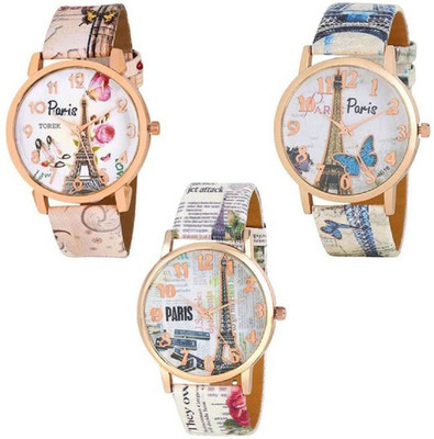 

Rage Enterprise Tower Printed Rose gold Dial And Multicolor Leather Strap Combo Pack Of 3 Watch - For Men & Women