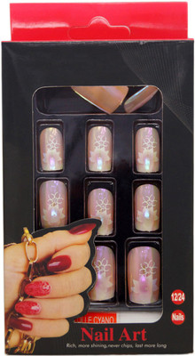 

One Personal Care Abstract Flower Inspired Chrome Finish Square Oval Tip Enhancement with Nail Glue Pink Gloss(Pack of 12)