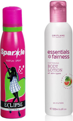 

Oriflame Sweden Essentials Fairness Softening Body Lotion UV Filters (32703) With one sparkle perfume spray 150 ml(Set of 2)