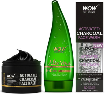 

WOW Skin Science Activated Charcoal Face Mask Wash Off, WOW Activated Charcoal Face Wash and WOW 99% Pure Aloe Vera Gel Combo Pack(Set of 3)