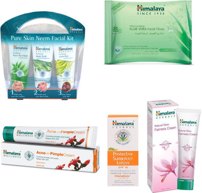 

Himalaya Purifying Skin Neem Facial Kit, Natual Fairness Cream, Aloe Vera Facial Wipes, Protective Sunscreen Lotion(Set of 4)