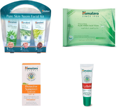 

Himalaya Purifying Skin Neem Facial Kit, Aloe Vera Facial Wipes, Protective Sunscreen Lotion, Lip Balm(Set of 4)