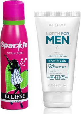 

Oriflame Sweden North For Men Fairness Face Wash & Scrub (32666) With one sparkle perfume spray 150 ml(Set of 2)