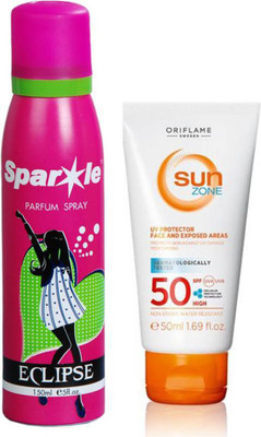 

Oriflame Sweden SUN Zone UV Protector Face and Exposed Areas SPF 50 High (50ml) 23378 With one sparkle perfume spray 150 ml(Set of 2)