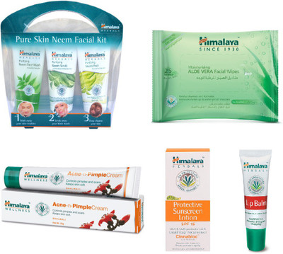 

Himalaya Purifying Skin Neem Facial Kit, Pimple Cream, Aloe Vera Facial Wipes, Protective Sunscreen Lotion, Lip Balm(Set of 5)