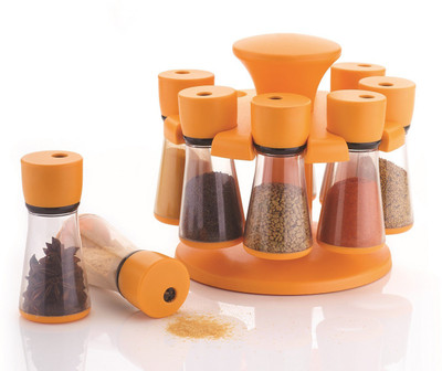 

Jen 8- Jar Orange Revolving Spice Rack / Masala Box Condiment Set(Plastic)
