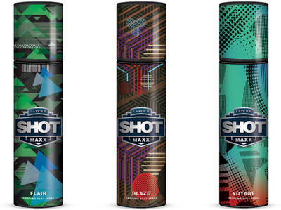 

Layer Shot Maxx edition pack of 3(Shot Maxx Flair + Shot Maxx Blaze + Shot Maxx Voyage). First time in market New fragrance Body Spray - For Men(375 ml, Pack of 3)