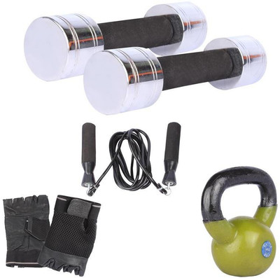 

Royal 2 Kg 2 Pc Chrome Dumbell with 4 Kg 1 Pc Kettle Bell Skipping Rops & Hand Gloves Home Gym Combo(0 - 20 kg)