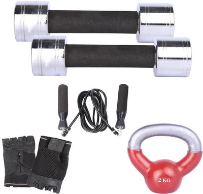 

Royal 2 Kg 2 Pc Chrome Dumbell with 2 Kg 1 Pc Kettle Bell Skipping Rops & Hand Gloves Gym & Fitness Kit