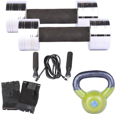 

Royal 4 Kg 2 Pc Chrome Dumbell with 4 Kg 1 Pc Kettle Bell Skipping Rops & Hand Gloves Gym & Fitness Kit
