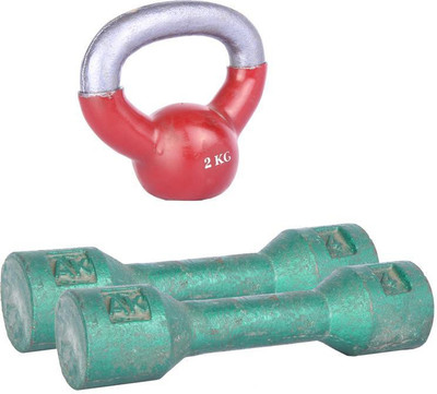 Royal 4 Kg 2 Pc Casting Dumbell with 2 Kg 1 Pc Kettle Bell Skipping Rops & Hand Gloves Gym & Fitness Kit