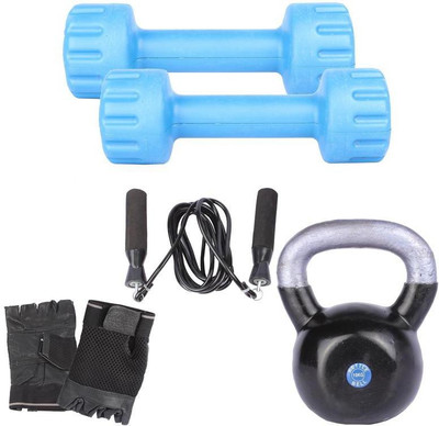 Royal 1 Kg 2 Pc PVC Dumbell with 10 Kg 1 Pc Kettle Bell Skipping Rops & Hand Gloves Gym & Fitness Kit