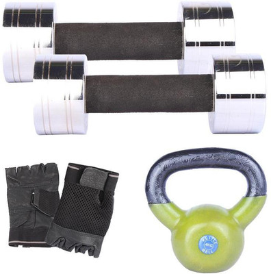 Royal 4 Kg 2 Pc Chrome Dumbell with 4 Kg 1 Pc Kettle Bell Hand Gloves Gym & Fitness Kit