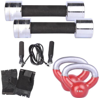 

Royal 2 Kg 2 Pc Chrome Dumbell with 2 Kg 2 Pc Kettle Bell Skipping Rops & Hand Gloves Gym & Fitness Kit