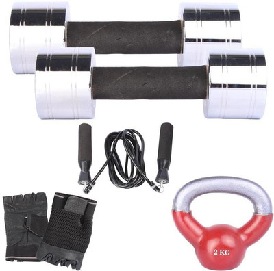 

Royal 5 Kg 2 Pc Chrome Dumbell with 2 Kg 1 Pc Kettle Bell Skipping Rops & Hand Gloves Gym & Fitness Kit
