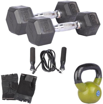 

Royal 4 Kg 2 Pc Hexa Gonal Dumbell with 4 Kg 1 Pc Kettle Bell Skipping Rops & Hand Gloves Home Gym Combo(0 - 20 kg)