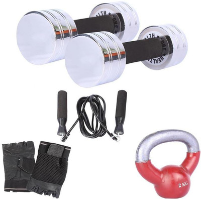

Royal 3 Kg 2 Pc Chrome Dumbell with 2 Kg 1 Pc Kettle Bell Skipping Rops & Hand Gloves Gym & Fitness Kit