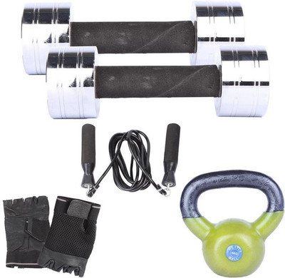 

Royal 3 Kg 2 Pc Chrome Dumbell with 4 Kg 1 Pc Kettle Bell Skipping Rops & Hand Gloves Gym & Fitness Kit