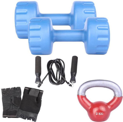 Royal 3 Kg 2 Pc PVC Dumbell with 2 Kg 1 Pc Kettle Bell Skipping Rops & Hand Gloves Gym & Fitness Kit