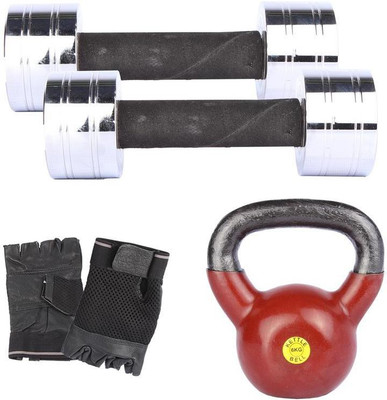 Royal 3 Kg 2 Pc Chrome Dumbell with 6 Kg 1 Pc Kettle Bell Hand Gloves Gym & Fitness Kit