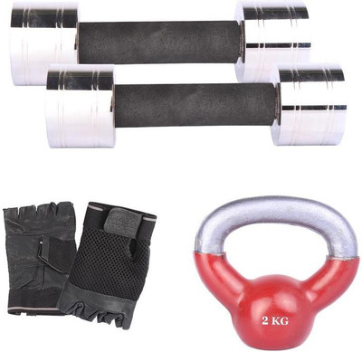 

Royal 2.5 Kg 2 Pc Chrome Dumbell with 2 Kg 1 Pc Kettle Bell Hand Gloves Gym & Fitness Kit