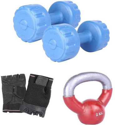 Royal 3 Kg 2 Pc PVC Dumbell with 2 Kg 1 Pc Kettle Bell Hand Gloves Gym & Fitness Kit