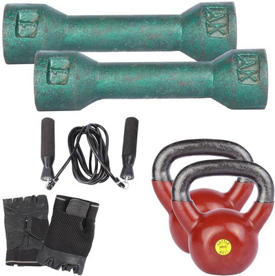Royal 1 Kg 2 Pc Casting Dumbell with 6 Kg 2 Pc Kettle Bell Skipping Rops & Hand Gloves Gym & Fitness Kit