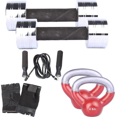 

Royal 3 Kg 2 Pc Chrome Dumbell with 2 Kg 2 Pc Kettle Bell Skipping Rops & Hand Gloves Gym & Fitness Kit