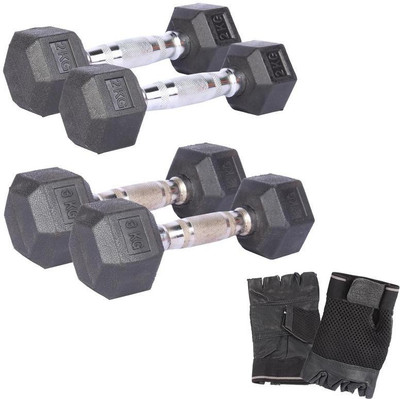 Royal 2 Kg 2 Pc Hexa Gonal Dumbell with 3 Kg 2 Pc Hexa Gonal Dumbell Hand Gloves Gym & Fitness Kit