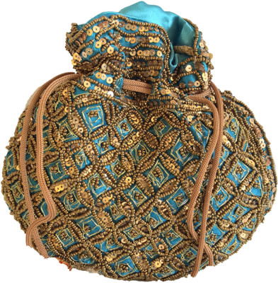 

eLeonine Royal rajasthani, heavy Golden Jardosi and Jari work on silk potli Indian Traditional Handbag / Potli bag / Clutch for Women & Girls - Blue Color Potli(Blue)