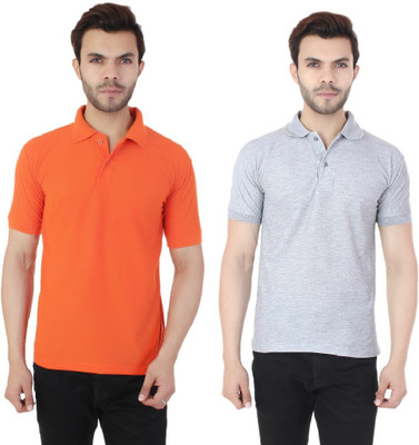 Rock Hudson Solid Men Polo Neck Orange, Grey T-Shirt(Pack of 2)