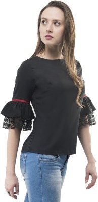 V&M Party Bell Sleeve Solid Women Black Top