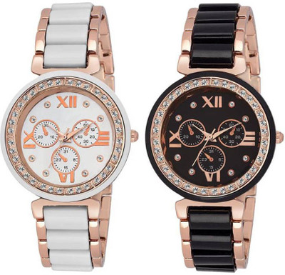 

Varni Fashion New White and Black Diamond Dial Mina Metal Strap Designer Girls Wrist Watch For Women Hybrid Watch - For Women