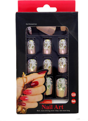 

One Personal Care Abstract Leaves Inspired Chrome Finish Square Oval Tip Enhancement with Nail Glue French Pink, Green, White(Pack of 12)
