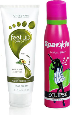 

Oriflame Sweden Feet Up Comfort Overnight Moisturising Foot Cream 75ml ( 32370 ) With one sparkle perfume spray 150 ml(Set of 2)