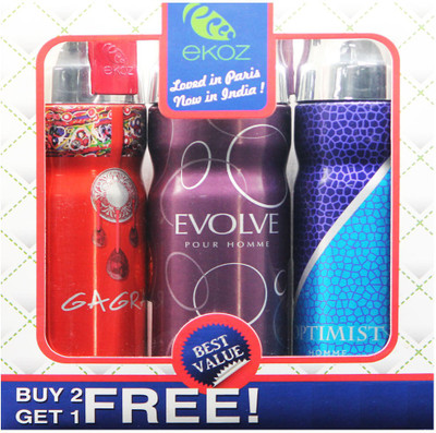 

Ekoz GAGRA, EVOLVE HOMME & OPTIMIST FEMME Imported Deodorant "BUY 2 GET 1 FREE" Body Mist - For Men & Women(200 ml, Pack of 3)