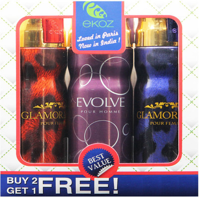

Ekoz GLAMMORAMA MAROOM, EVOLVE HOMME & GLAMMORAMA BLUE Imported Deodorant "BUY 2 GET 1 FREE" Body Mist - For Men & Women(200 ml, Pack of 3)
