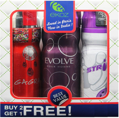 

Ekoz GAGRA, EVOLVE HOMME & STRIKE FEMME Imported Deodorant "BUY 2 GET 1 FREE" Body Mist - For Men & Women(200 ml, Pack of 3)