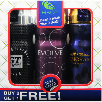 

Ekoz GT BLACK, EVOLVE HOMME & GLAMMORAMA BLUE Imported Deodorant "BUY 2 GET 1 FREE" Body Mist - For Men & Women(200 ml, Pack of 3)