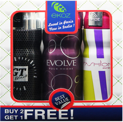 

Ekoz GT BLACK, EVOLVE HOMME & FASHION FEMME Imported Deodorant "BUY 2 GET 1 FREE" Body Mist - For Men & Women(200 ml, Pack of 3)