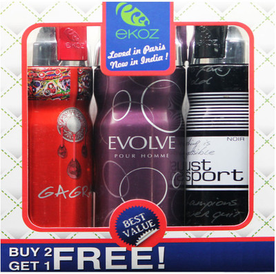 

Ekoz GAGRA, EVOLVE HOMME & JUST SPORT NOIR Imported Deodorant "BUY 2 GET 1 FREE" Body Mist - For Men & Women(200 ml, Pack of 3)