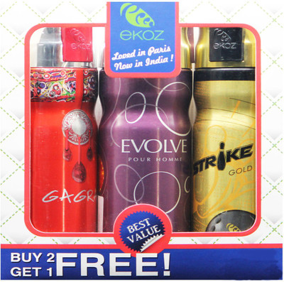 

Ekoz GAGRA, EVOLVE HOMME & STRIKE GOLD Imported Deodorant "BUY 2 GET 1 FREE" Body Mist - For Men & Women(200 ml, Pack of 3)