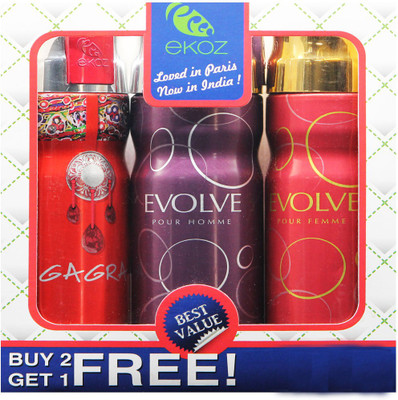 

Ekoz GAGRA, EVOLVE HOMME & EVOLVE FEMME Imported Deodorant "BUY 2 GET 1 FREE" Body Mist - For Men & Women(200 ml, Pack of 3)