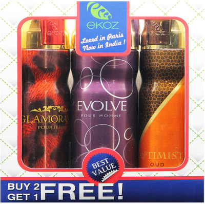 

Ekoz GLAMMORAMA MAROOM, EVOLVE HOMME & OPTIMIST OUD Imported Deodorant "BUY 2 GET 1 FREE" Body Mist - For Men & Women(200 ml, Pack of 3)