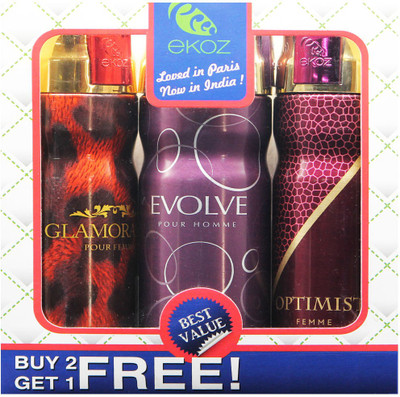 

Ekoz GLAMMORAMA MAROOM, EVOLVE HOMME & OPTIMIST FEMME Imported Deodorant "BUY 2 GET 1 FREE" Body Mist - For Men & Women(200 ml, Pack of 3)