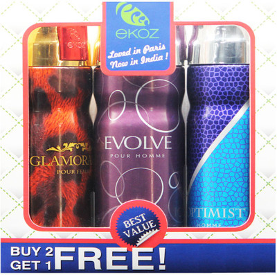 

Ekoz GLAMMORAMA MAROOM, EVOLVE HOMME & OPTIMIST HOMME Imported Deodorant "BUY 2 GET 1 FREE" Body Mist - For Men & Women(200 ml, Pack of 3)