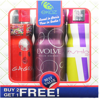 

Ekoz GAGRA, EVOLVE HOMME & FASHION FEMME Imported Deodorant "BUY 2 GET 1 FREE" Body Mist - For Men & Women(200 ml, Pack of 3)