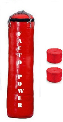 

FACTO POWER 6.5 Feet Long, SRF - STANDARD Material, Red Color, Unfilled with Hanging Chain and 9 Freet Long Red Color Hand Wrap Pair Boxing Kit