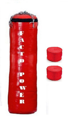 

Facto Power 4.5 Feet Long, SRF - STANDARD Material, Red Color, Unfilled with Hanging Chain and 9 Freet Long Red Color Hand Wrap Pair Boxing Kit
