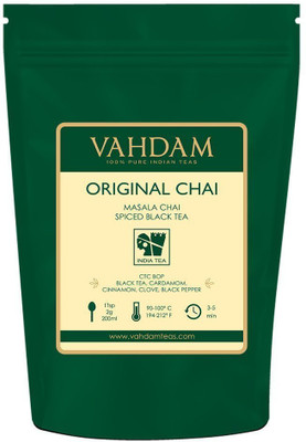Vahdam India's Original Masala Chai Tea Leaves (50 Cups) Ancient Indian House Recipe, Assam CTC Black Tea blended with Cardamom, Cinnamon, Black Peppercorns & Cloves from India, 100g Spices Masala Tea Vacuum Pack(100 g) Vahdam India's Original Masala Chai Tea Leaves (50 Cups) Ancient Indian House Recipe, Assam CTC Black Tea blended with Cardamom, Cinnamon, Black Peppercorns & Cloves from India, 100g Spices Masala Tea Vacuum Pack(100 g)